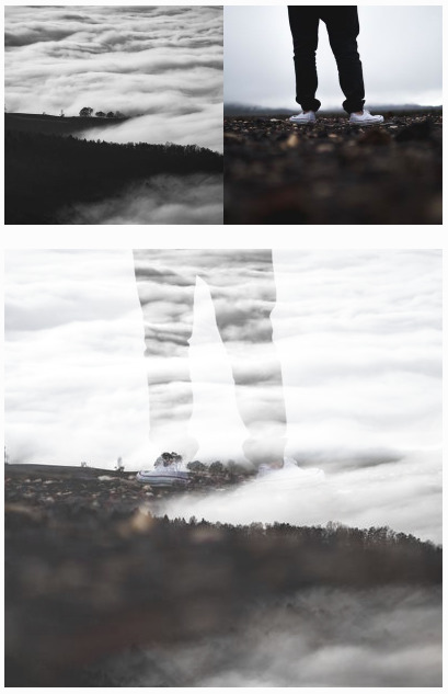 Randomly generated double exposure of clouds over a hill and someone's legs, so the legs are like a giant in the clouds.