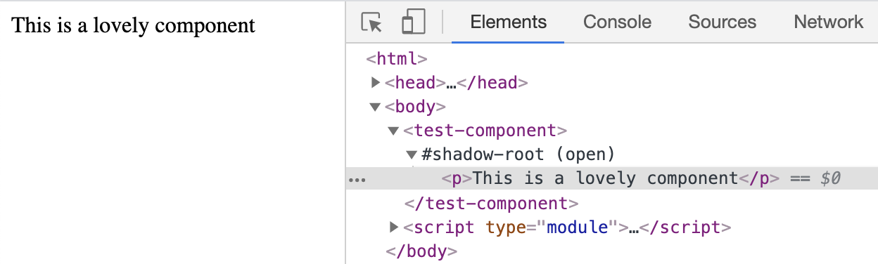 Browser dev tools showing the paragraph content from the test web component correctly loaded into the DOM