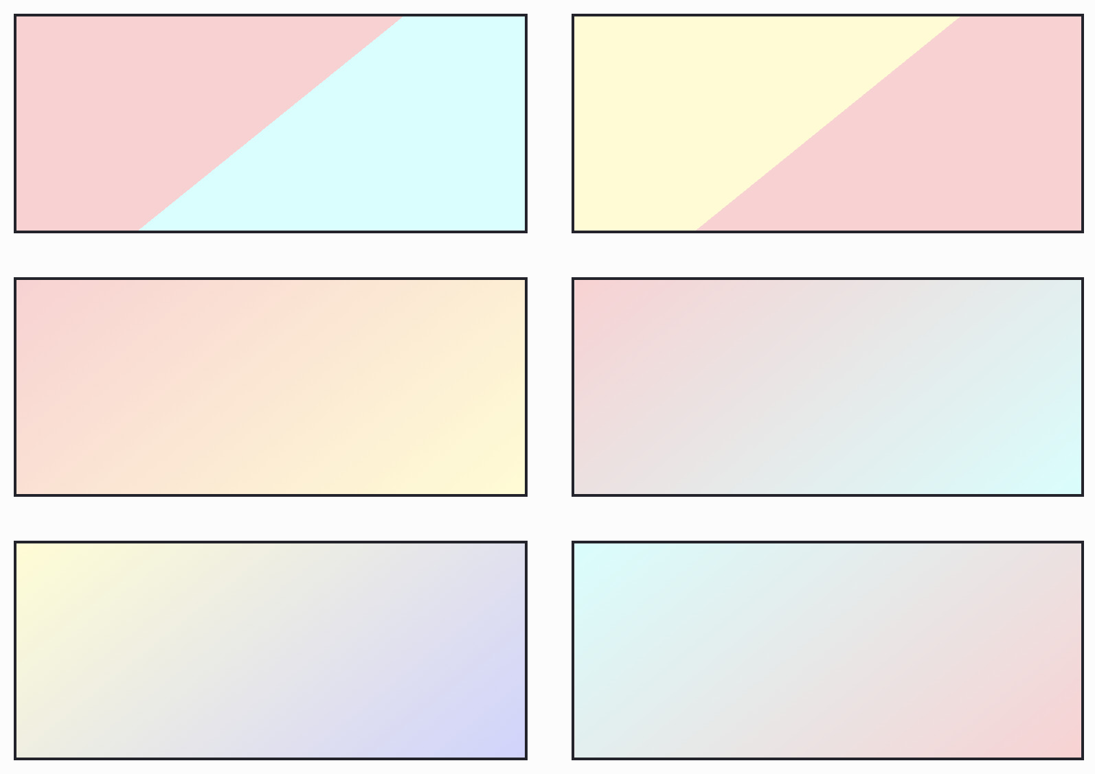 A collection of black-bordered rectangles, each with a different combination of two pastel colours blurred together from top-left to bottom-right.